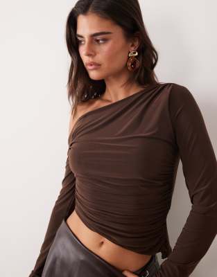Missyempire Slinky Asymmetric Ruched Long Sleeve Top In Multi