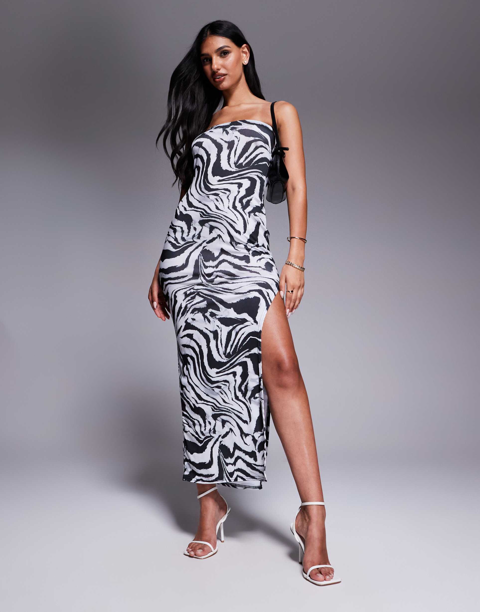 missyempire slinky bandeau thigh slit maxi dress in black & white zebra print
