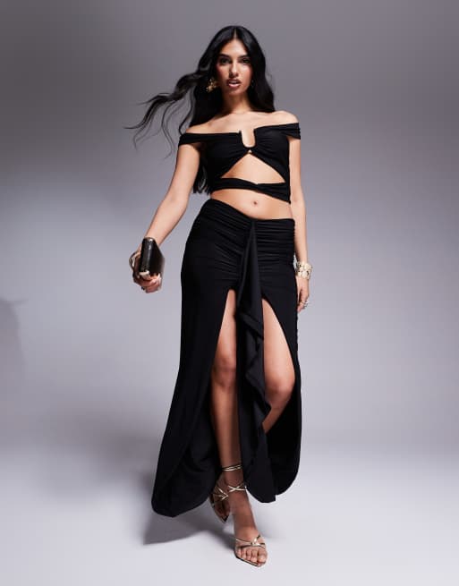 Missyempire slinky bardot cutout crop top and high low drape maxi skirt set in black