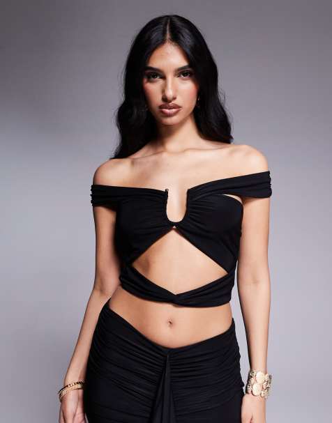 Missyempire slinky bardot cutout crop top co-ord in black - view 1
