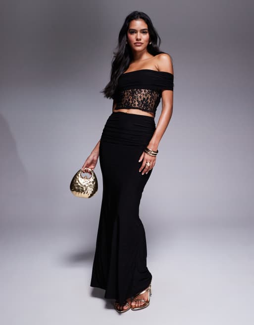 Missyempire slinky deep off the shoulder lace top and maxi skirt set in black