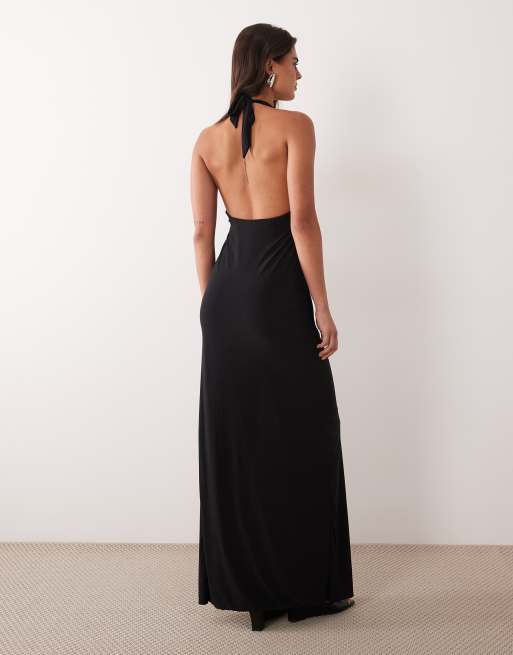 Missyempire slinky halter plunge neck maxi dress with side split in black, 3 of 4