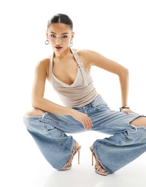 Missyempire slinky halterneck buckle detail top in silver