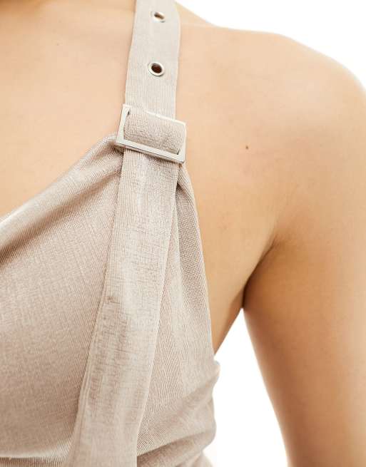 Missyempire slinky halterneck buckle detail top in silver, 2 of 4