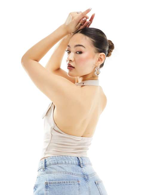 Missyempire slinky halterneck buckle detail top in silver, 3 of 4