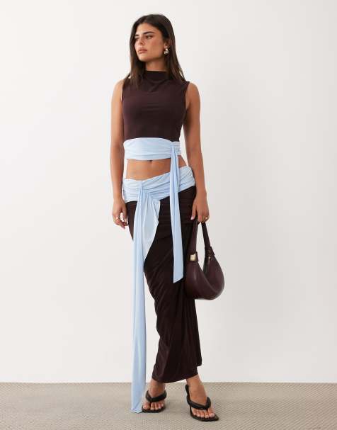 Missyempire slinky high neck colourblock drape waist detail top and maxi skirt co-ord in chocolate & blue - view 1