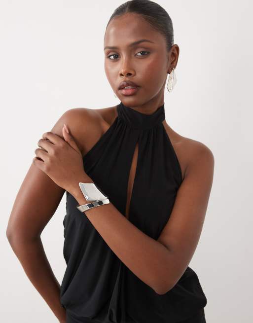 Missyempire slinky keyhole open front halterneck mini dress in black, 4 of 4