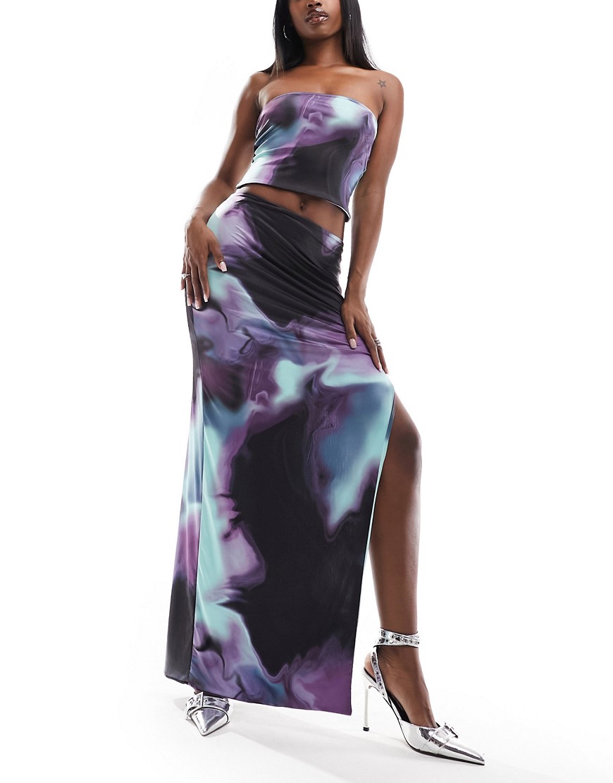 Missyempire slinky maxi side split maxi skirt co-ord in purple marble print-Multi