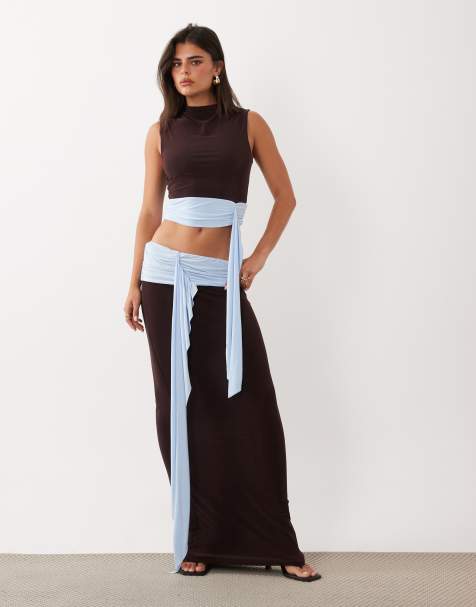 Missyempire slinky mid waist colourblock drape waist detail maxi skirt in chocolate & blue (part of a set) - view 1