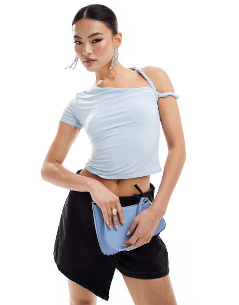 Missyempire slinky one sleeve twist strap top in baby blue - view 1