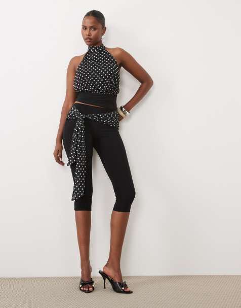 Missyempire slinky polka dot mesh drape tie front capri trouser co-ord in black - view 1