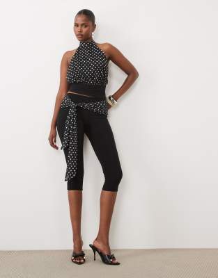 Missyempire Slinky Polka Dot Mesh Draped Tie Front Capri Pants In Black