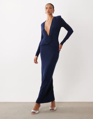 Missyempire Slinky Shoulder Bad V Neck Twist Front Maxi Dress In Navy