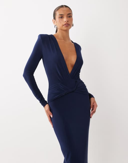 Missyempire slinky shoulder bad v neck twist front maxi dress in navy, 2 of 4