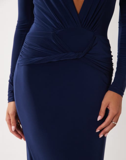 Missyempire slinky shoulder bad v neck twist front maxi dress in navy, 3 of 4