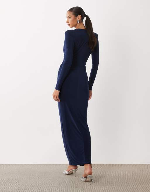 Missyempire slinky shoulder bad v neck twist front maxi dress in navy, 4 of 4