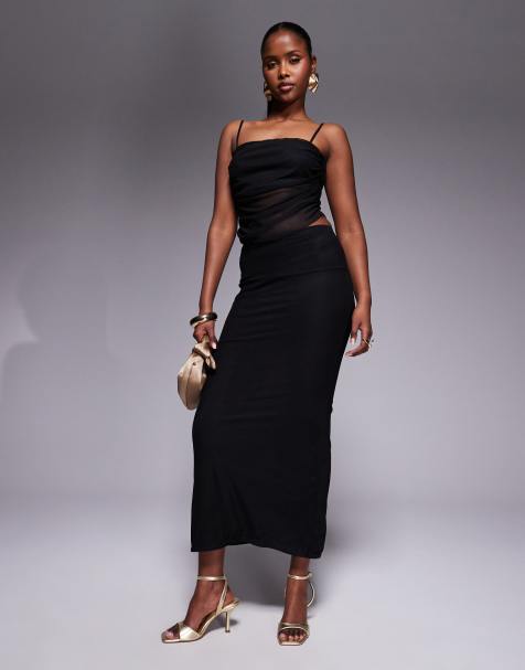 Missyempire slinky square neck mesh detail top and maxi skirt set in black - view 1