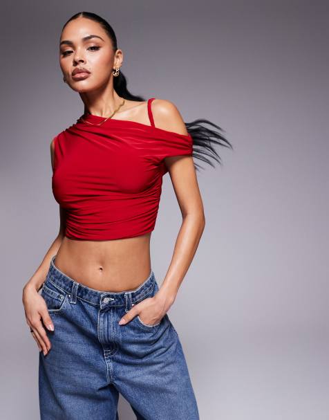 Missyempire slinky twist shoulder detail top in red - view 1
