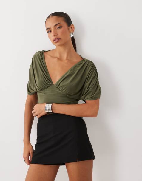Missyempire slinky v neck batwing top in khaki - view 1