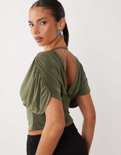 Missyempire slinky v neck batwing top in khaki, 3 of 4