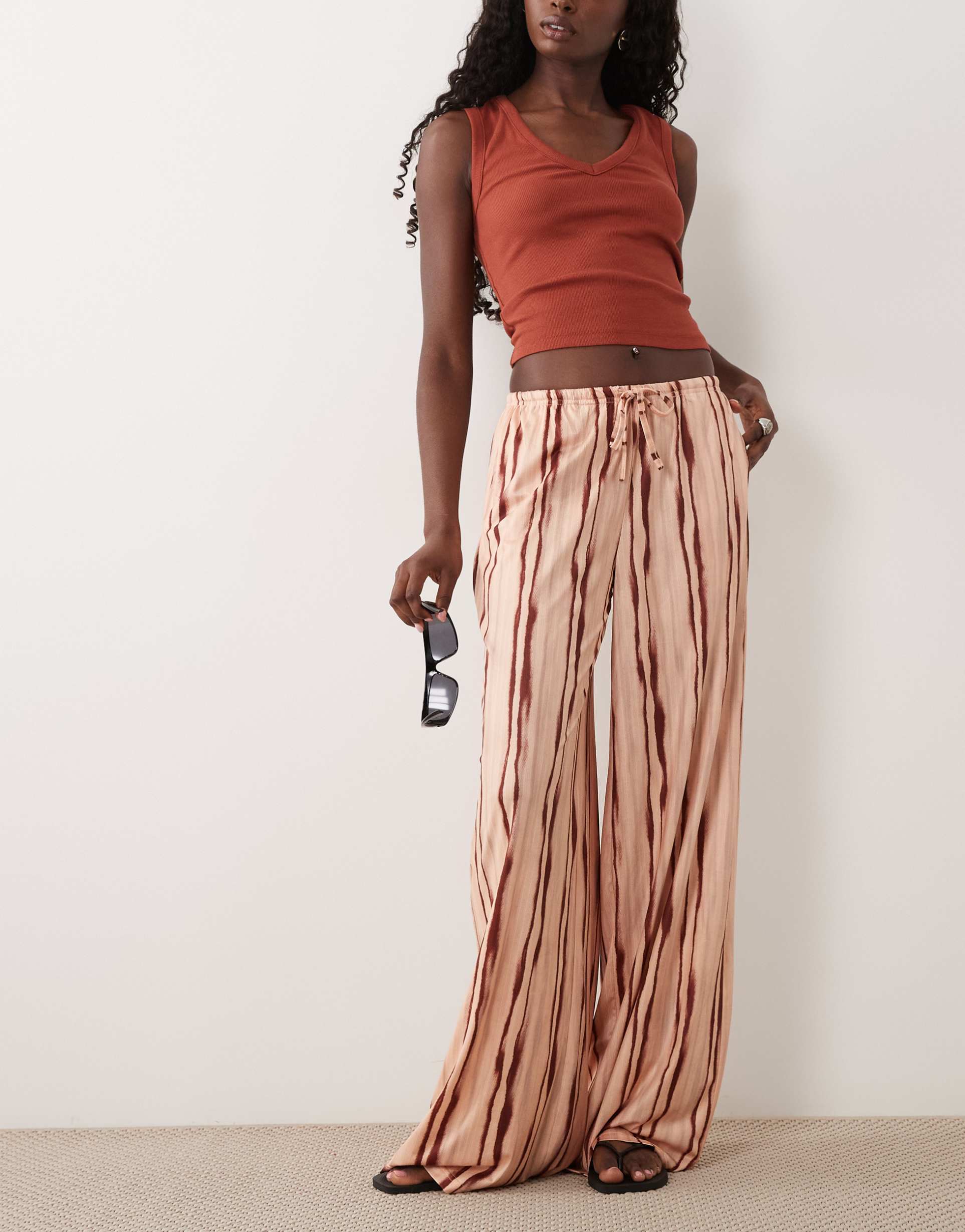 missyempire soft floaty wide leg drawstring pants in beige and maroon stripes