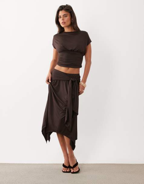 Missyempire soft touch fitted waist foldover detail top and midi skirt co-ord in chocolate - view 1