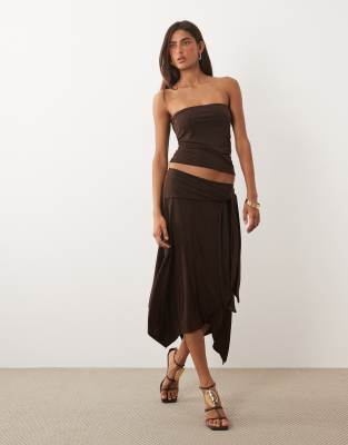 Missyempire soft touch tie drape side detail asymmetric hem midi skirt co-ord in chocolate
