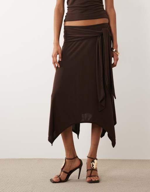 Missyempire soft touch tie drape side detail asymmetric hem midi skirt co-ord in chocolate, 3 of 5