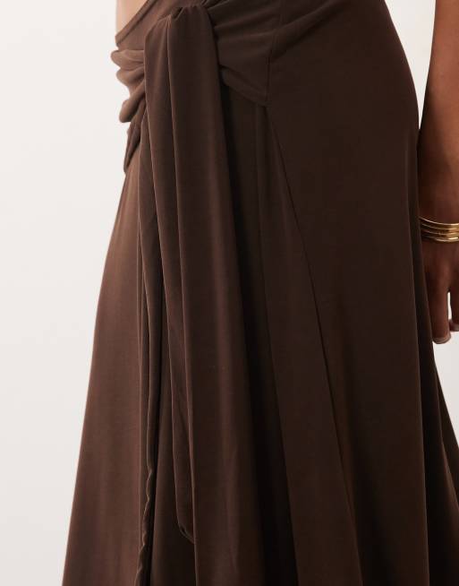 Missyempire soft touch tie drape side detail asymmetric hem midi skirt co-ord in chocolate, 4 of 5