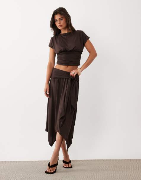 Missyempire soft touch tie front detail asymmetric hem midi skirt co-ord in chocolate - view 1