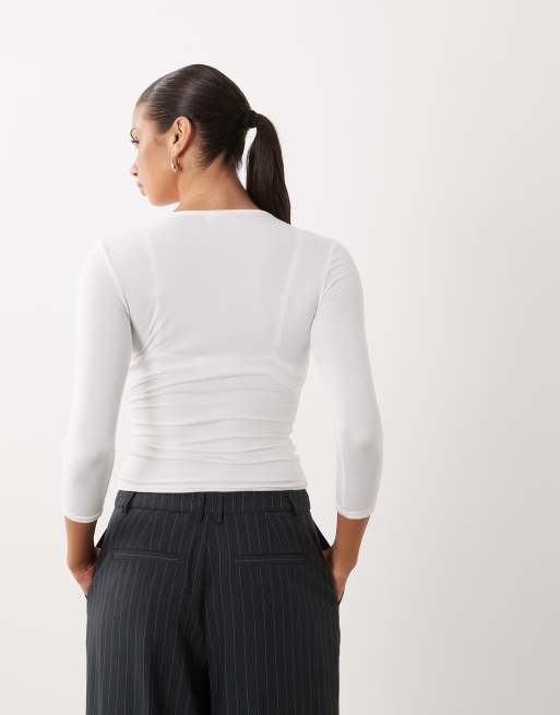Missyempire soft touch v neck 3/4 sleeve top in white, 4 of 4