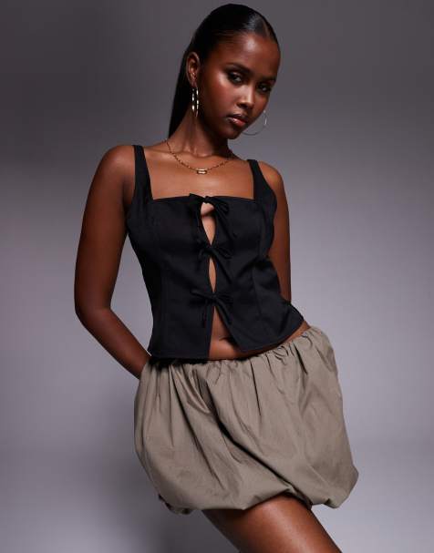 Missyempire square neck bow cut out front top in black - view 1