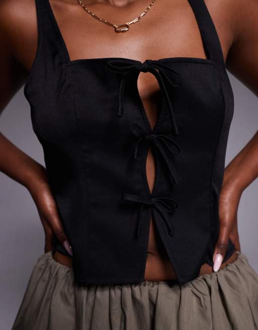 Missyempire square neck bow cut out front top in black, 4 of 4