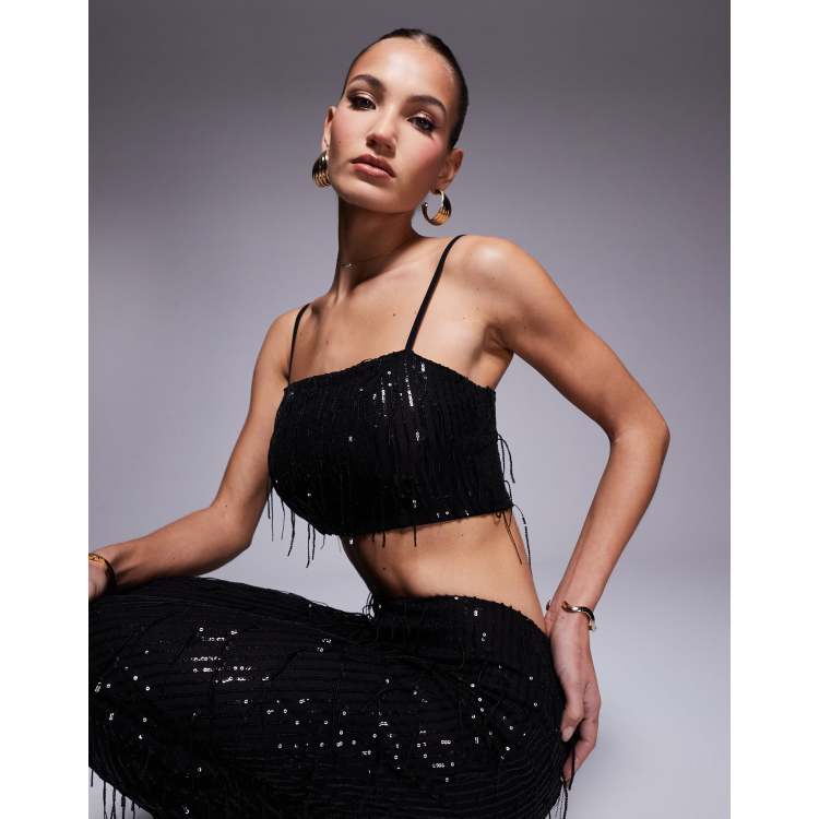Missyempire square neck crop top co-ord in black tassel sequin | ASOS