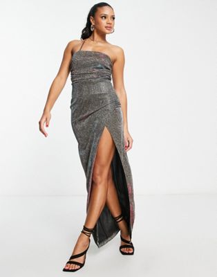 Missyempire strappy maxi dress with high thigh spilt in mermaid glitter gold - ASOS Price Checker