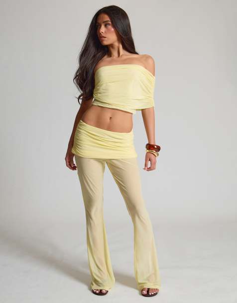 Missyempire Stretch chiffon ruched fold over skinny flares in lemon - view 1