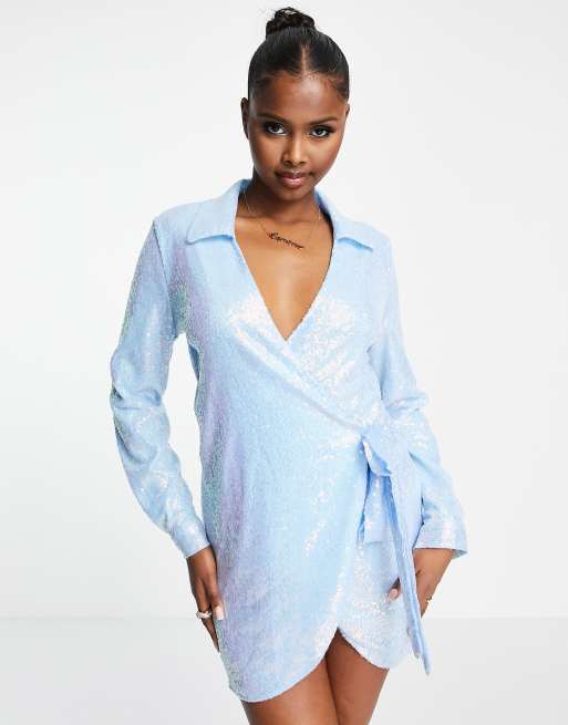 Blue sequin wrap store dress