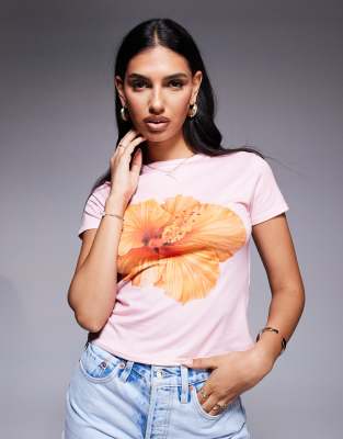 T-shirt court à imprimé fleur d'hibiscus - Rose pastel et orange 34
