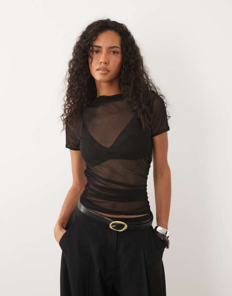 Missyempire - T-shirt nera in rete trasparente con scollo a barchetta - view 1