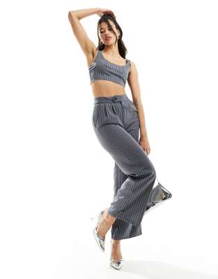 Missyempire tailored wide leg trousers co-ord in grey pinstripe-Multi