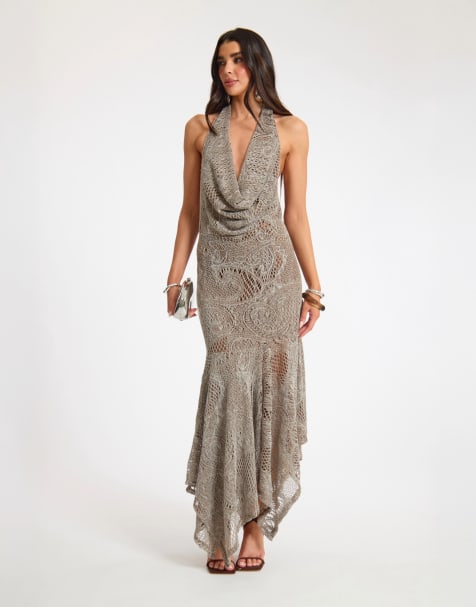 Missyempire Textured asymmetrical cowl midi dress in brown - view 1