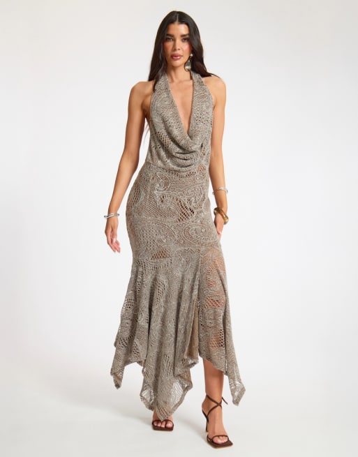 Missyempire Textured asymmetrical cowl midi dress in brown, 2 of 4