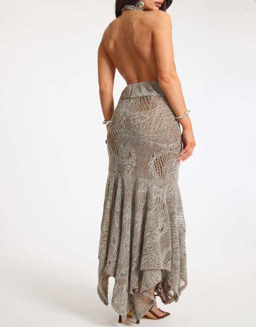Missyempire Textured asymmetrical cowl midi dress in brown, 4 of 4