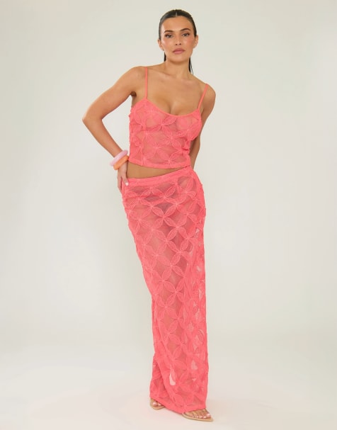 Missyempire Textured floral maxi skirt in coral - view 1