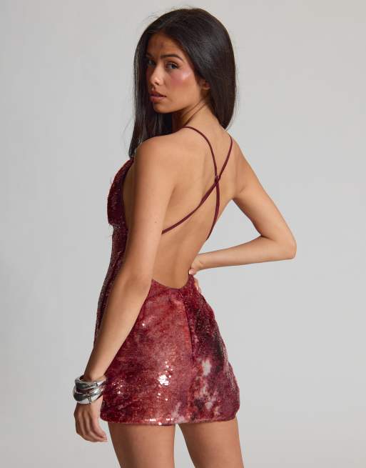 Missyempire Textured sequin cowl fitted mini dress in dark red, 4 of 4
