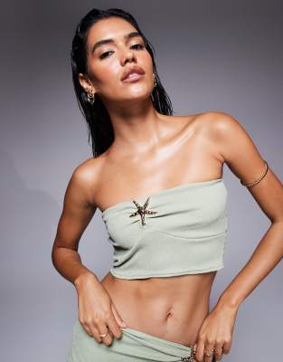textured slinky starfish metal trim bandeau top in mint - part of a set-Green