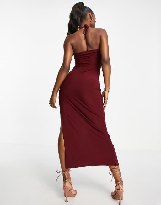 Missyempire thigh high split detail ruched maxi dress in berry