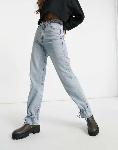 Missy Empire tie detail denim jeans in washed blue