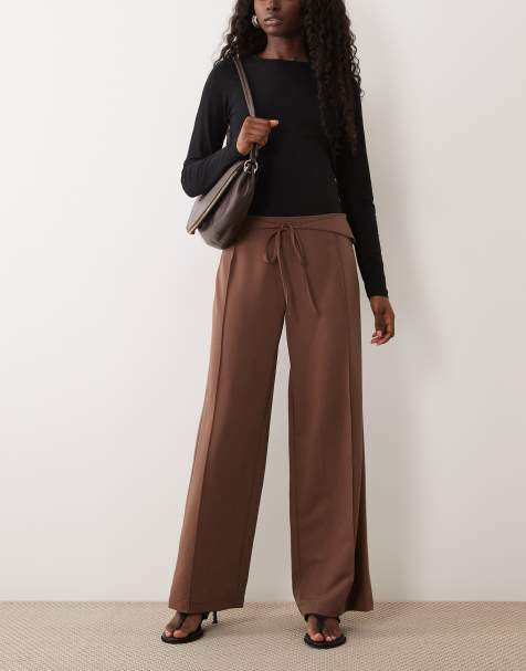 Missyempire tie waist pleat front detail wide leg tailored trousers in chocolate - view 1