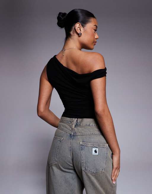 Missyempire - Top a doppio strato nero sinuoso con spalla scoperta , 4 di 4